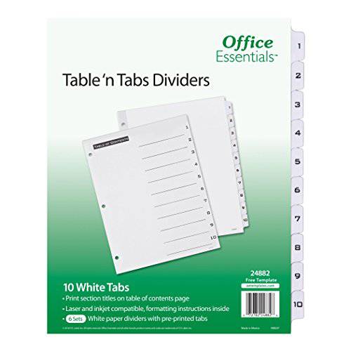 Office Essentials  테이블 ’N 탭 디바이더, 8-1/ 2 x 11, 1-10 탭, 블랙/ 화이트 탭, 레이저/ 잉크젯, 6 Pk (24882)