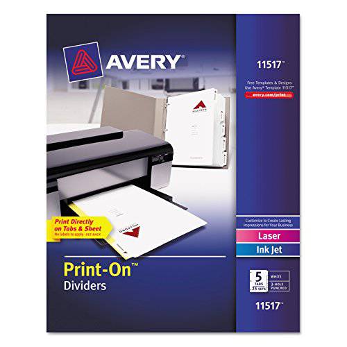 Avery 5-Tab Print-On 바인더 디바이더, 화이트 탭, 25 세트 (11517)