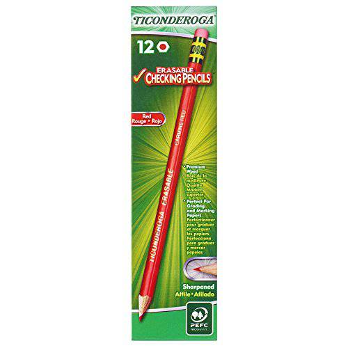 Ticonderoga 지워지는 Checking 채점 연필, 지우개가 달림, 미리 깎여져 나옴, Red, 12-Pack (14259)