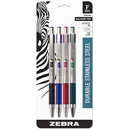 Zebra F-301 볼펜, 스테인레스 스틸 개폐식 펜, 파인포인트팁 가는 심 가는 촉, 0.7mm, 다양한색 잉크, 4-Count : Black, Blue, Green, Red