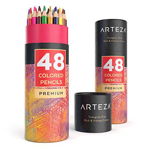 ARTEZA 색연필 세트, 48색, 색상 이름, 삼각형 모양, 미리 깎여짐, 소프트 왁스 베이스 심, 다양하고 생생한 색의 Artist Pencils