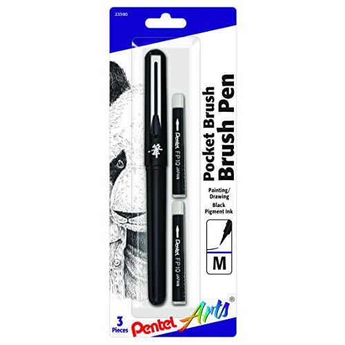 Pentel Arts Pocket 브러쉬,붓펜  2개의 리필용 검정 잉크 포함 (GFKP3BPA)