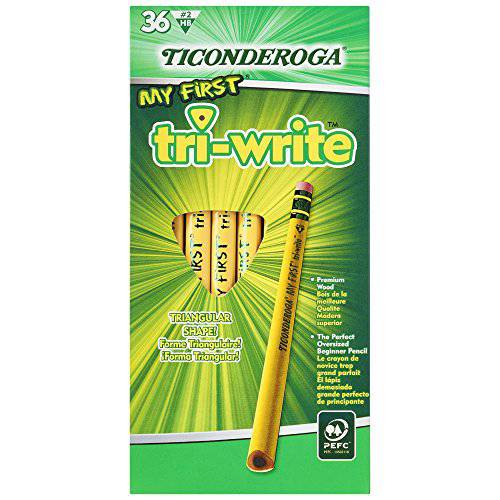 Ticonderoga 나의 첫번째 지우개가 달린 세모 연필, 세모모양 연필,  기본 사이즈, 나무케이스, 2 HB Soft, Yellow, 36-Pack (13082)