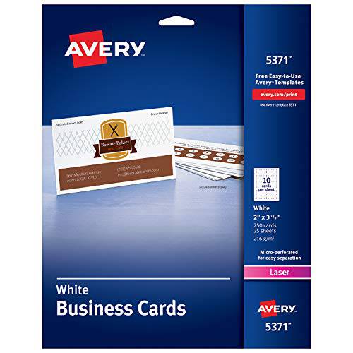 Avery 2 X 3.5 비지니스 카드,명함 카드 종이, Sure Feed Technology, 레이저 프린터용, 250개 카드 (5371), White (05371)