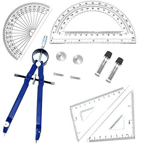 5 피스 기하학 학교 세트, 퀄리티 나침반,  삼각자, 각도기, 드로잉 나침반 수학 기하학 Tools(5 pcs-Compass-Blue)