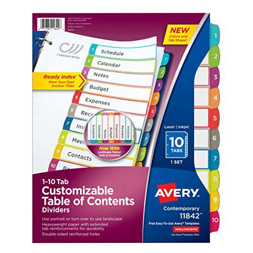 Avery 10-Tab 디바이더 3 링 바인더, 맞춤형 테이블 of Contents, 다양한색 탭, 1 세트 (11842)