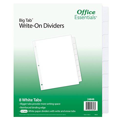 Office Essentials  큰 탭 Write-On 디바이더, 8-1/ 2 x 11, 8 탭, 화이트 탭, 화이트 바디, 12 팩 (24848)