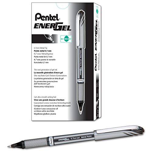 Pentel EnerGel NV 리퀴드 젤펜, 잉크펜, 0.7mm, 미디엄 라인 Capped, 메탈 팁, 블랙 잉크, 박스 of 12 (BL27-A)