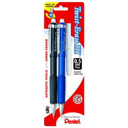 Pentel Twist-Erase III 자동 펜슬 2 지우개 리필용, 0.5mm, 다양한 배럴, 2 팩 (QE515BP2-K6)