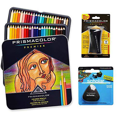 Prismacolor  퀄리티 아트 세트 - 프리미어 색연필 48 팩,  프리미어 연필깎이 1 팩 and Latex-Free Scholar 지우개 1 팩