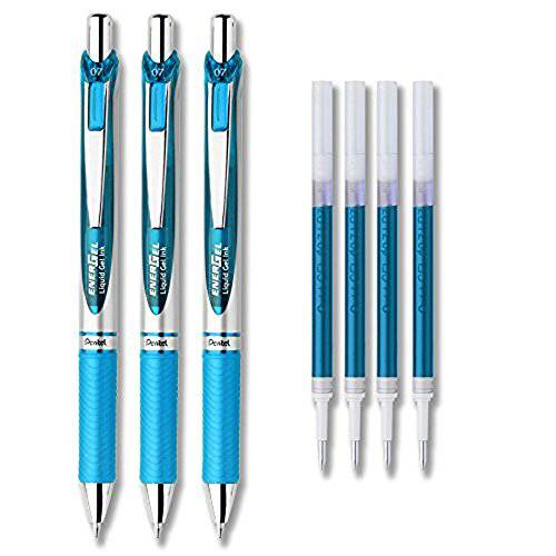Pentel EnerGel 디럭스 RTX 리퀴드 젤 잉크 펜 세트 키트, 팩 of 3 0.7mm 펜 4 리필용 (Sky 블루 - 0.5mm)