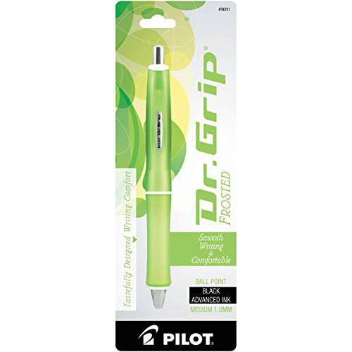 PILOT Dr. Grip Frosted 리필가능&개폐식 볼펜 미디엄,중간 심 ,Green 배럴, Black 잉크, 싱글 펜 (36251)