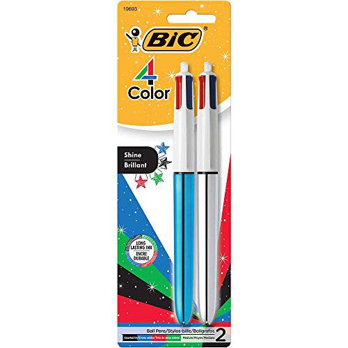BIC 4-Color 광택 볼 펜, 미디엄 포인트 (1.0 mm), 메탈릭,메탈 배럴, 다양한 잉크, 2-Count