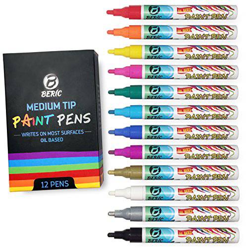 프리미엄 페인트 색칠 드로잉 Pens 펜 By Beric 12 Pack, Oil-based 페인트 색칠 드로잉 마커, 미디엄 중간심, 거의 모든 것에 쓰기가능, 물과 햇빛에 강함, 다양하고 생생한 컬러, 냄새덜나는 롱래스팅 빠른 건조, 다양한 컬러