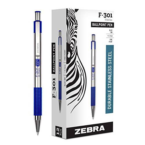 Zebra F-301 볼펜 스테인레스 스틸 개폐식 펜 파인포인트팁, 가는 심, 가는 촉 0.7mm 블루 잉크 12-Count