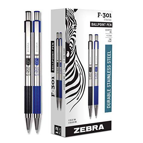 Zebra Pen s 파인포인트팁, 가는 심, 가는 촉 F 301, 벌크, 대용량 콤보 팩 of 6 블랙 잉크& 6 블루 잉크 메탈 펜 (Total of 12 펜), 볼펜 스테인레스 스틸 개폐식 0.7mm 파인포인트팁, 가는 심, 가는 촉 잉크 펜