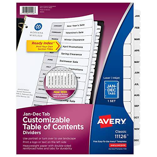 Avery 12-Tab 디바이더 3-ring 바인더, 맞춤형 테이블 of Contents, 클래식 화이트 탭, 1 세트 (11126)