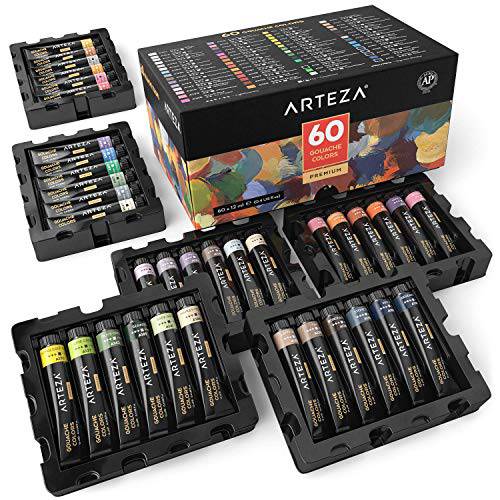 ARTEZA 구아슈 페인트,물감 set of 60 컬러/Tubes (12 ML/0.4 US Fl oz) 불투명한 물감 , 캔버스 수채화 용지,종이 Toned Paper 수채화  혼합 미디어에 사용하기 적합