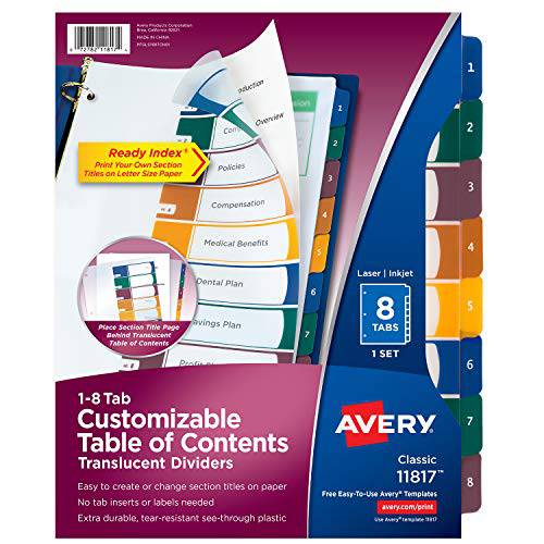 Avery 플라스틱 8 탭 디바이더 3 링 바인더, 맞춤형 테이블 of Contents, 다양한색 탭, 1 Set(11817)