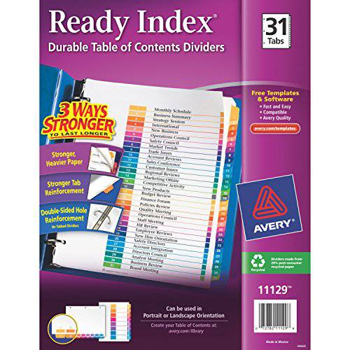 AVERY 31-Tab 디바이더 3 링 바인더 맞춤형 테이블 Contents 다양한색 탭 12 세트 11129