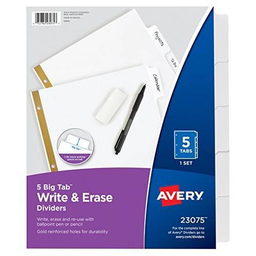 Avery 큰 탭 Write& Erase 디바이더, 5 화이트 탭, 케이스 팩 of 48 세트 (23075)