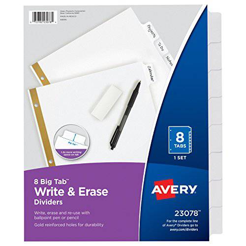 Avery 8-Tab 바인더 디바이더, Write& Erase 화이트 큰 탭, 48 세트 (23078)