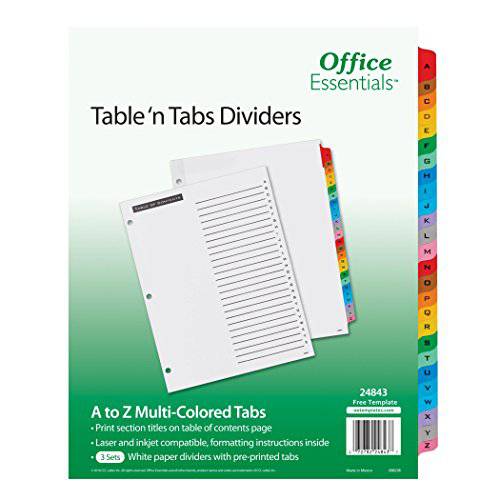 Office Essentials  테이블 ’N 탭 디바이더, 8-1/ 2 x 11, A-Z 탭, 다양한색 탭, 레이저/ 잉크젯, 3 세트 (24843)