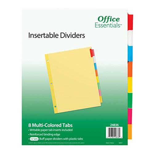 Office Essentials  삽입가능 디바이더, 8-1/ 2 x 11, 8 탭, 다양한색 탭, Buff 용지,종이, 12 팩 (24836)