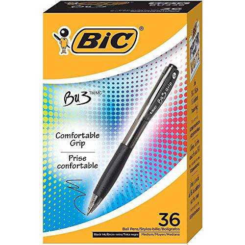 BIC BU3 그립 개폐식 볼 펜, 미디엄 포인트 (1.0mm), 블랙, 36-Count (BU3361)