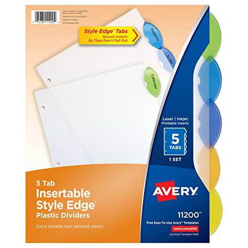 Avery 삽입가능한 스타일 엣지 플라스틱 디바이더, 5개의 다양한색 탭, Case Pack of 24 (11200)