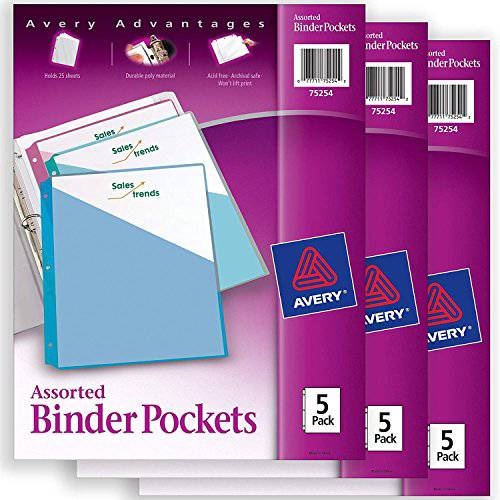 Avery 바인더 포켓, 다양한 컬러, 8.5 x 11, Acid-Free, 듀러블, 15 Total 사선 자켓, 3 팩 (75254)