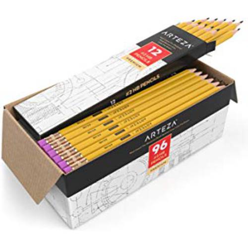 ARTEZA 2HB 나무 케이스 흑연 연필, Pack of 96, 벌크, 대용량, 미리 깎여짐, 라텍스 프리 지우개가 달림, 벌크, 대용량 팩 ,부드러운 필기감, 시험 학교 사무실,오피스 드로잉 and 스케치용