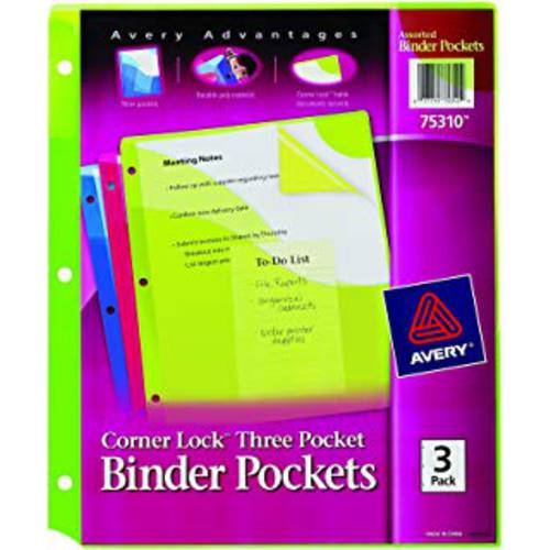 Avery 모서리 보호,고정 바인더 포켓, 3-Ring 3공 바인더용, 세가지 다양한색의 포켓, Blue, Green, Pink (75310)