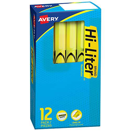 Avery Hi-Liter Pen-Style 형광펜, 번짐 세이프 잉크,  형광펜팁, 형광펜촉, 누운촉, 누운팁, 12 형광 Yellow 형광펜 (23591)