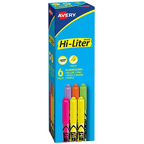 Avery Hi-Liter Pen-Style 형광펜, 번짐 세이프 잉크,  형광펜팁, 형광펜촉, 누운촉, 누운팁, 6 다양한 컬러 형광펜 (23565)
