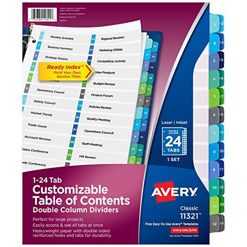 Avery Ready 인덱스 24-Tab 이중 Column 디바이더, 인쇄가능 테이블 of Contents, 다양한색 탭, 1 세트 (11321)