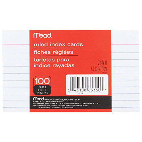 Mead  유선, 줄 인덱스 카드, 노트 카드, 줄이있는, 100 Count, 3 x 5, 화이트 (63350)