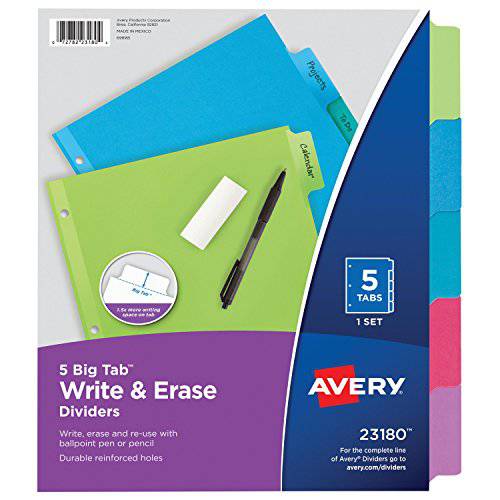 Avery 큰 탭 Write& Erase 디바이더, 5 다양한색 탭, 1 세트 (23180)