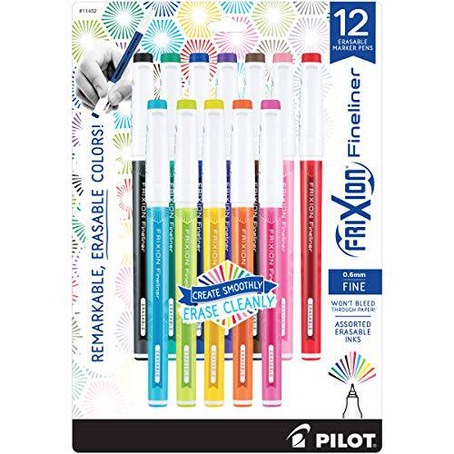 PILOT FriXion Fineliner 지워지는 마커 Pens,펜 - 파인포인트팁, 가는 심, 가는 촉 - 다양한색 컬러 잉크, 12-Pack (11452)
