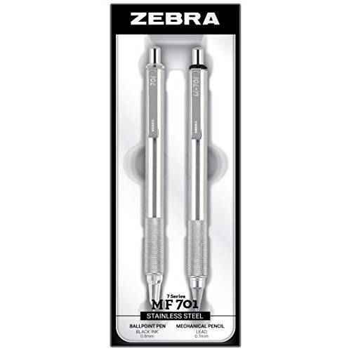 Zebra M/F 701 스테인레스 스틸 샤프 and 볼펜 세트, 파인포인트팁, 가는 심, 가는 촉 ,(0.7mm, HB 심), and (0.8mm 검정 잉크) 2-Count 선물 세트