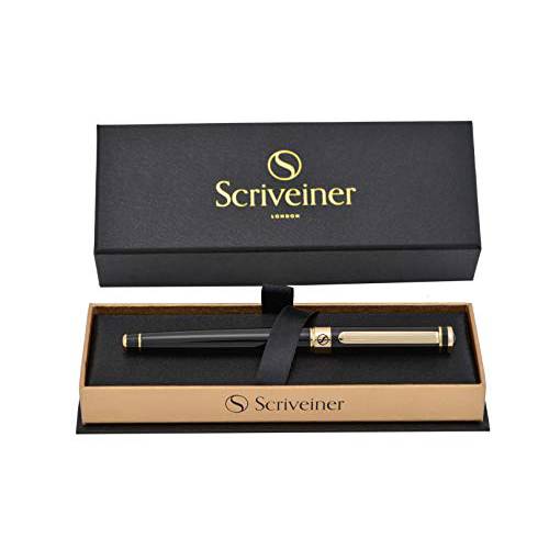 럭셔리 펜 By Scriveiner London - 매우훌륭한 롤러볼펜 24K 골드 마감, Schmidt 잉크 리필, 최고의 롤러 볼 펜 선물, 남성용 여성용, 전문가느낌 프로페셔널 경영 사무실 오피스 Nice Pens (Black Lacquer)