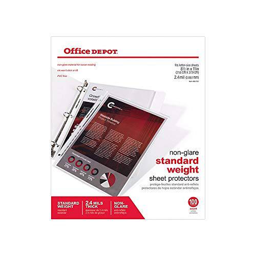 Office Depot Top-Loading 클리어화일속지, 속지, 시트 프로텍터, 파일 속지, 스탠다드 무게, Non-Glare, 박스 of 100, 498761