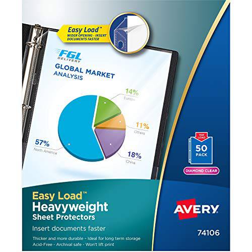 Avery Heavyweight 헤비급 단단한 다이아몬드 투명 클리어화일속지, 속지, 시트 프로텍터, 파일 속지, 8.5 X 11, Acid-Free 산성분 없음, 기록 보존, easy load 쉬운 넣기, 50ct (74106)