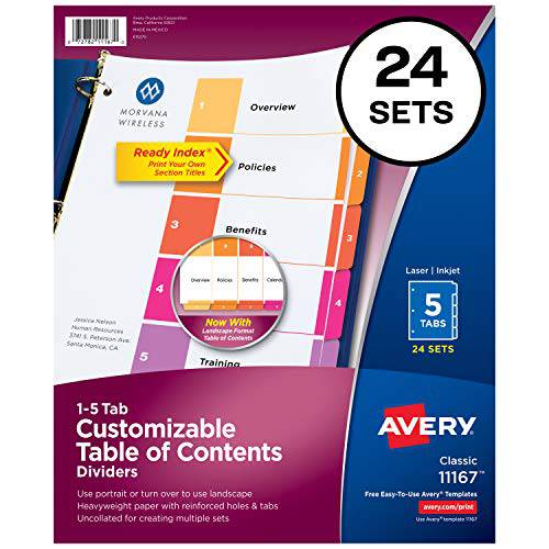 Avery 5-Tab 디바이더 3링 3공 바인더용, 사용자 맞춤형 목차 설정, 다양한색 탭, 24세트 (11167)