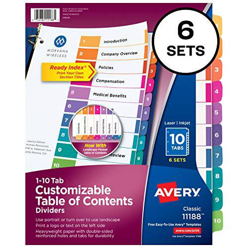 Avery 10-Tab 디바이더, 3링 3공 바인더, 사용자맞춤형 목차 설정, 다양한색 탭, 6세트 (11188)