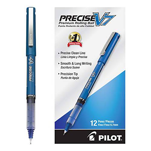 PILOT  정확한 V7 스틱 리퀴드 잉크 롤링 볼 스틱 펜,  파인포인트팁, 가는 심, 가는 촉 (0.7mm) 블루 잉크, 12-Pack (35349)