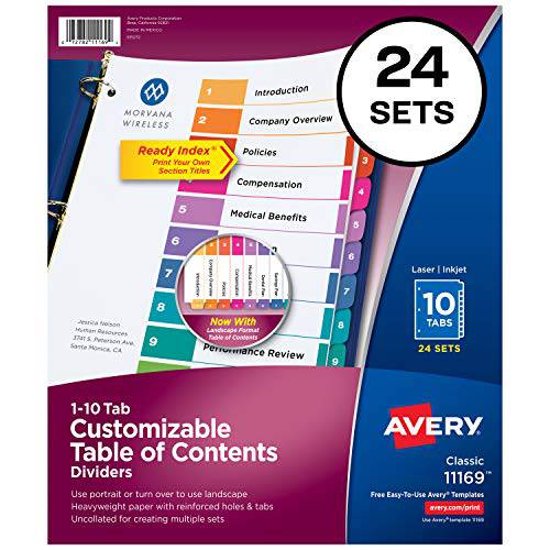 Avery 10-Tab 디바이더, 3링 3공 바인더용, 사용자맞춤형 목차, 다양한색 탭, 24 세트 (11169)