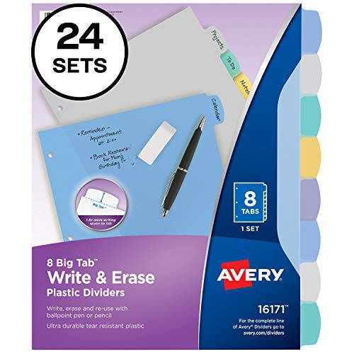 Avery 8-Tab 플라스틱 바인더 디바이더, 쓰고 지울수 있는 다양한색 큰 탭, 24 세트 (16171)