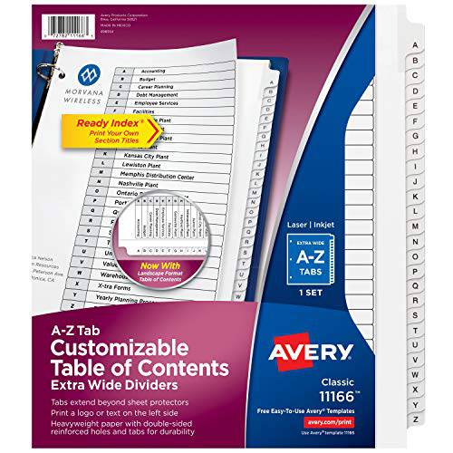 Avery A-Z Extra-Wide 3 링 바인더 디바이더, 맞춤형 테이블 of Contents, 다양한색 탭, 1 세트 (11166), 블랙&  화이트