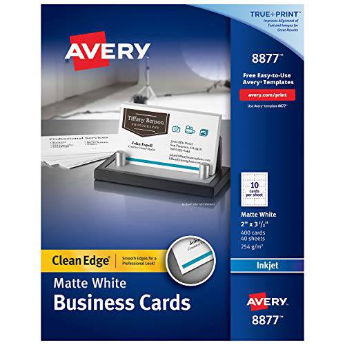 AVERY 인쇄가능 프린트 가능한 명함카드 용지, 비지니스 카드 종이, 잉크젯 프린터, 400 카드, 2 X 3.5, Clean Edge, Heavyweight (8877), White